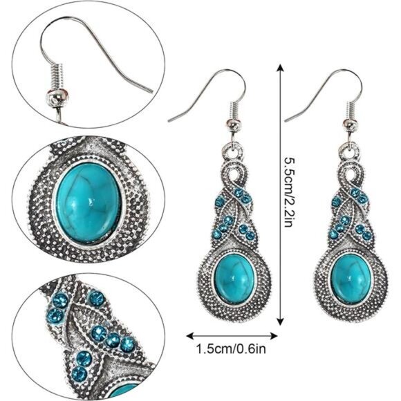 4 PCS Western Turquoise Set Necklace, Dangle Earrings, Stackable Bracelet Boho - Picture 2 of 7